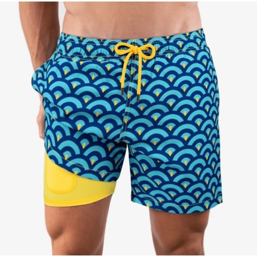 Capelle Collins Swim Trunks Blue‎ Hybrid Shorts Yellow Seahorse Size L